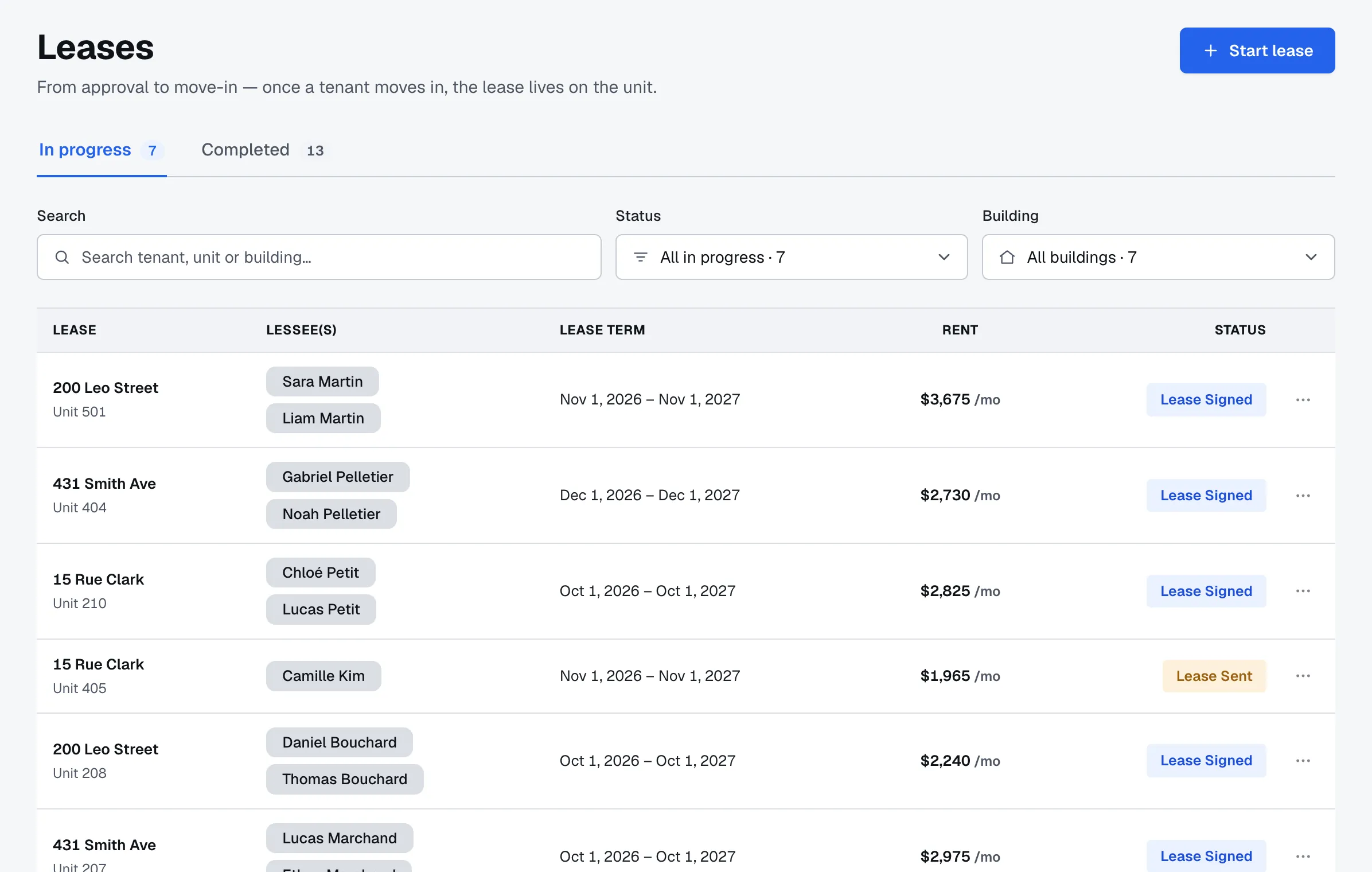 Vault's Leases page: leases in progress with lessees, term, rent and status
